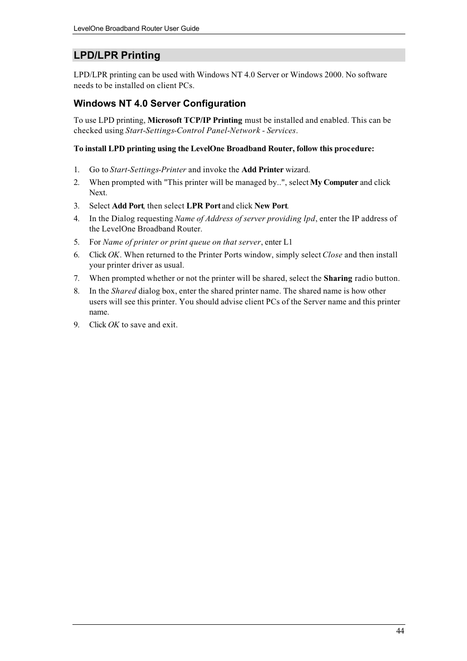 Lpd/lpr printing | LevelOne FBR-1400TX User Manual | Page 48 / 93