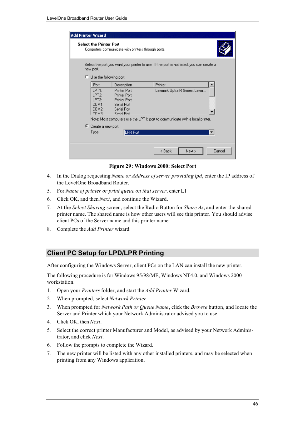 Client pc setup for lpd/lpr printing | LevelOne FBR-1400TX User Manual | Page 50 / 93