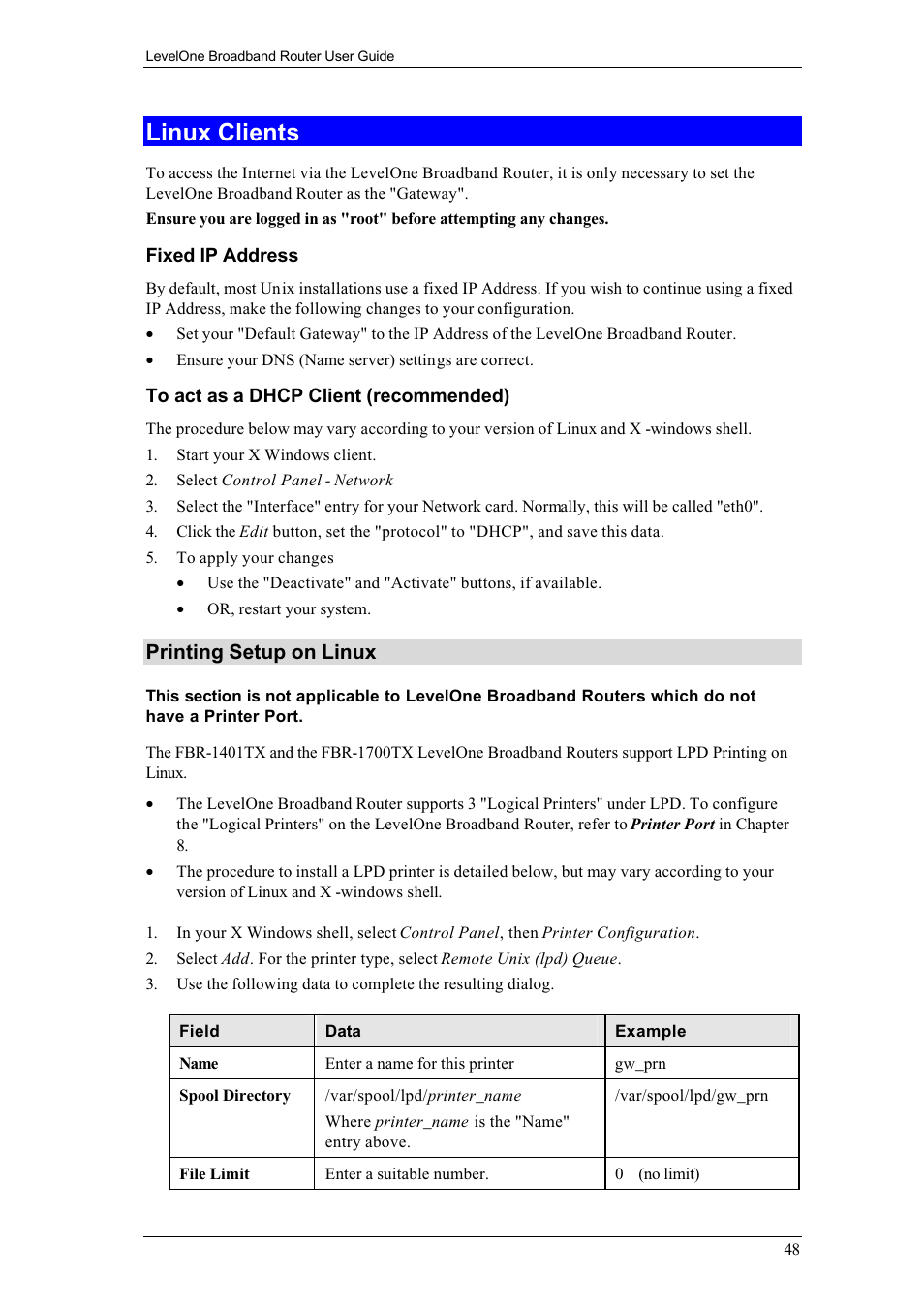 Linux clients, Printing setup on linux | LevelOne FBR-1400TX User Manual | Page 52 / 93