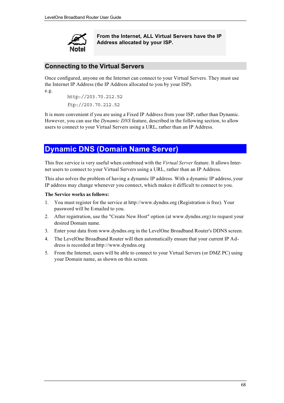 Dynamic dns (domain name server), Connecting to the virtual servers | LevelOne FBR-1400TX User Manual | Page 72 / 93