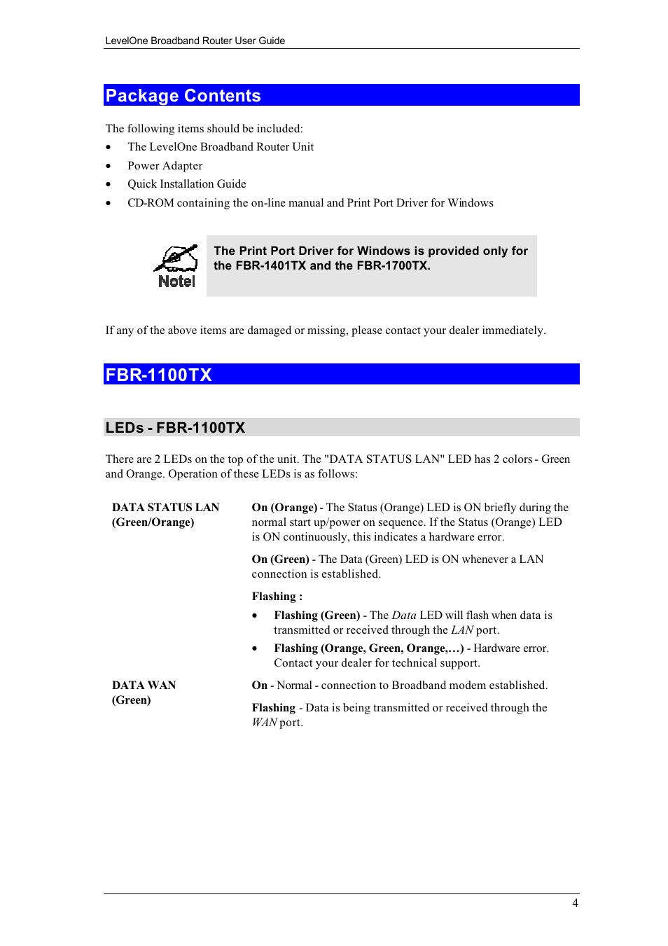 Package contents, Fbr-1100tx | LevelOne FBR-1400TX User Manual | Page 8 / 93