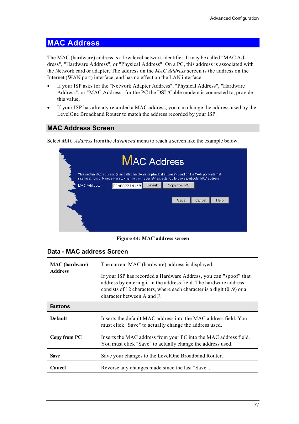 Mac address, Mac address screen | LevelOne FBR-1400TX User Manual | Page 81 / 93