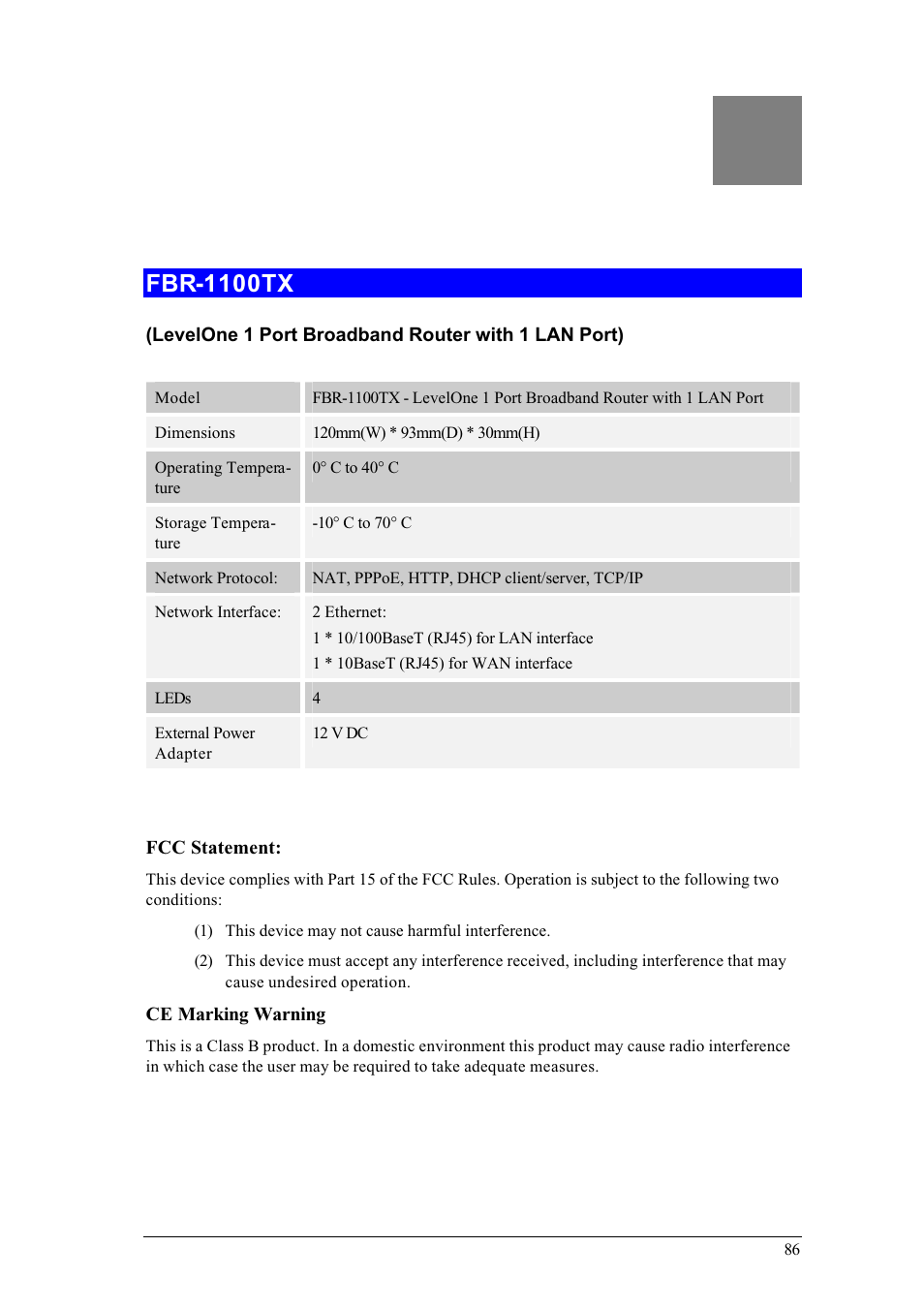 Appendix c specifications, Fbr-1100tx | LevelOne FBR-1400TX User Manual | Page 90 / 93