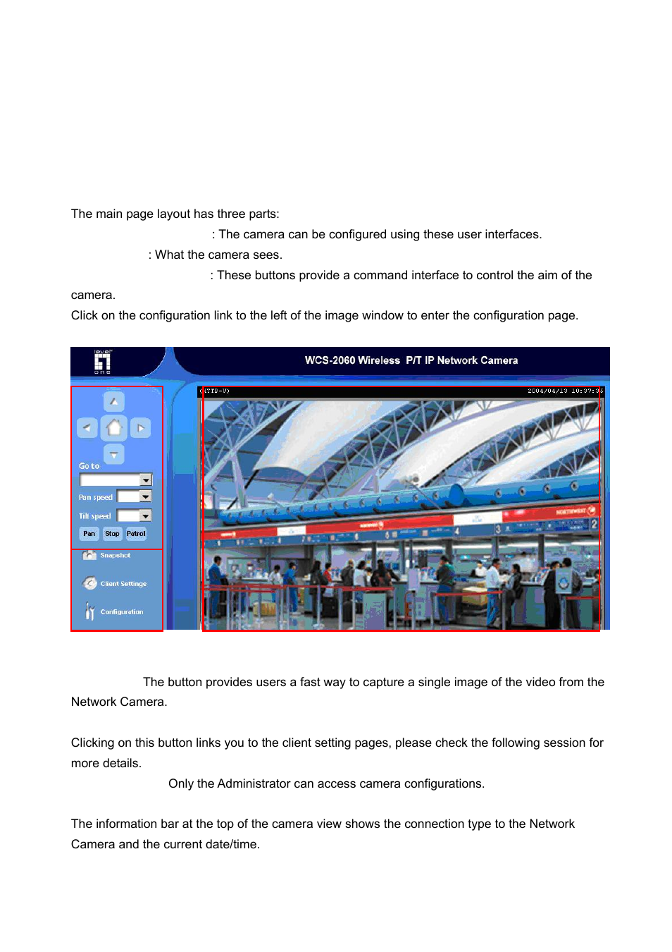 Primary user’s capability, Main screen with camera view | LevelOne WCS-2060 User Manual | Page 15 / 75