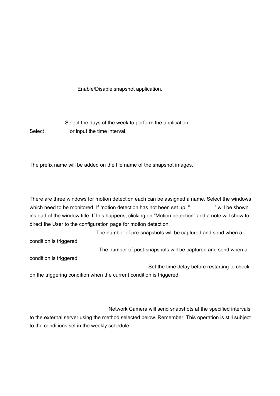 Application settings, Snapshot, Weekly schedule | Snapshot file name prefix, Send out the snapshot while motion detection, Sequential operation | LevelOne WCS-2060 User Manual | Page 43 / 75