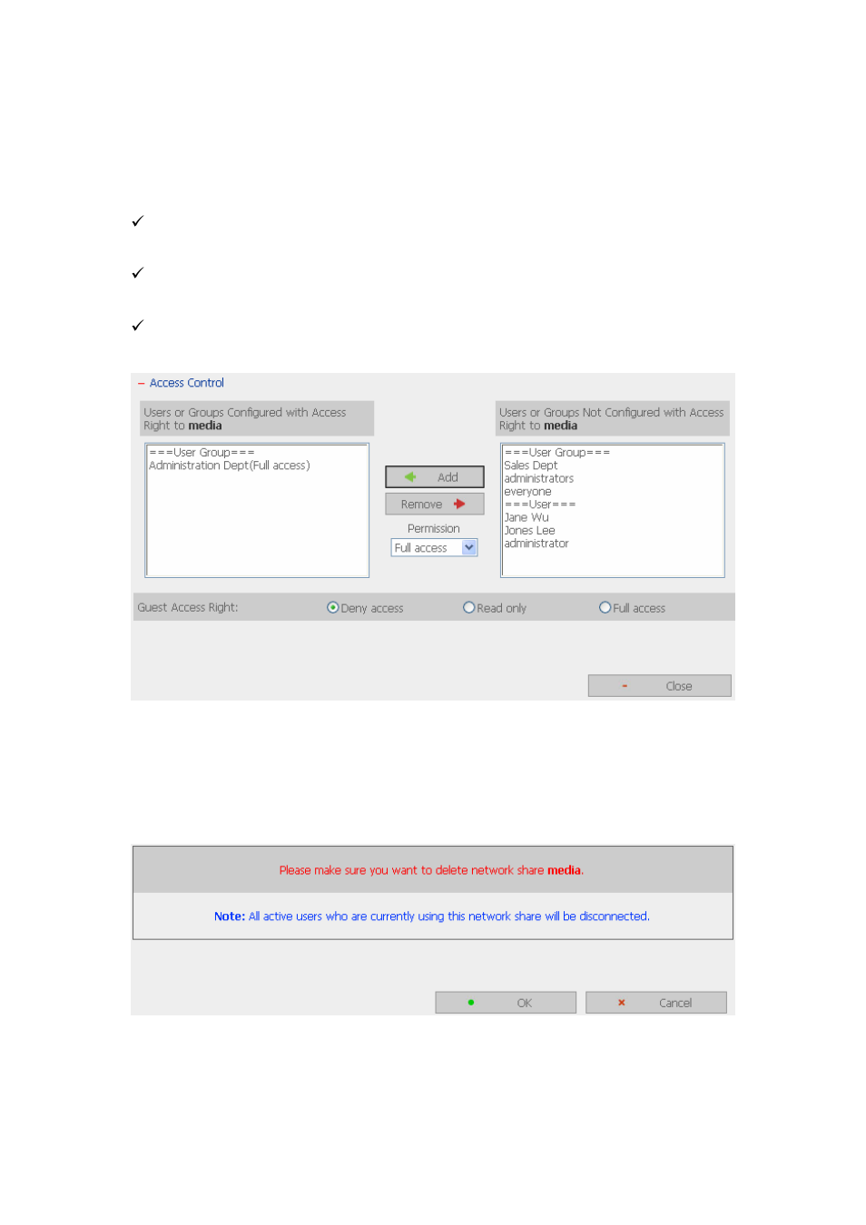 Access control, Delete | LevelOne 2-Bay SATA HDD w/ Gigabit Ethernet FNS-5000B User Manual | Page 65 / 108