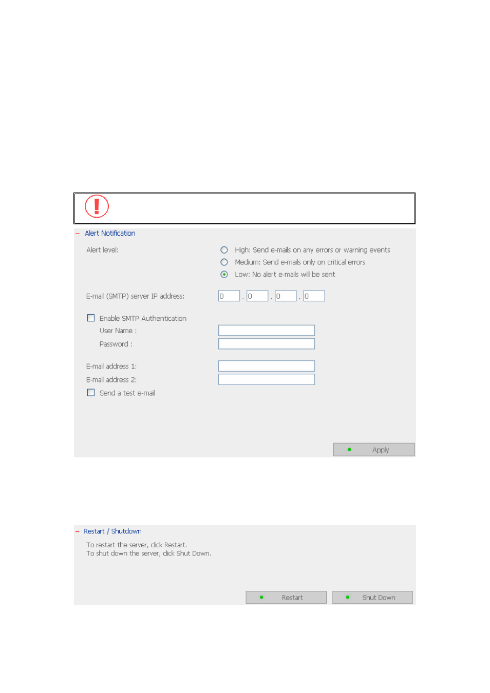 Alert notification, Restart/ shutdown | LevelOne 2-Bay SATA HDD w/ Gigabit Ethernet FNS-5000B User Manual | Page 68 / 108