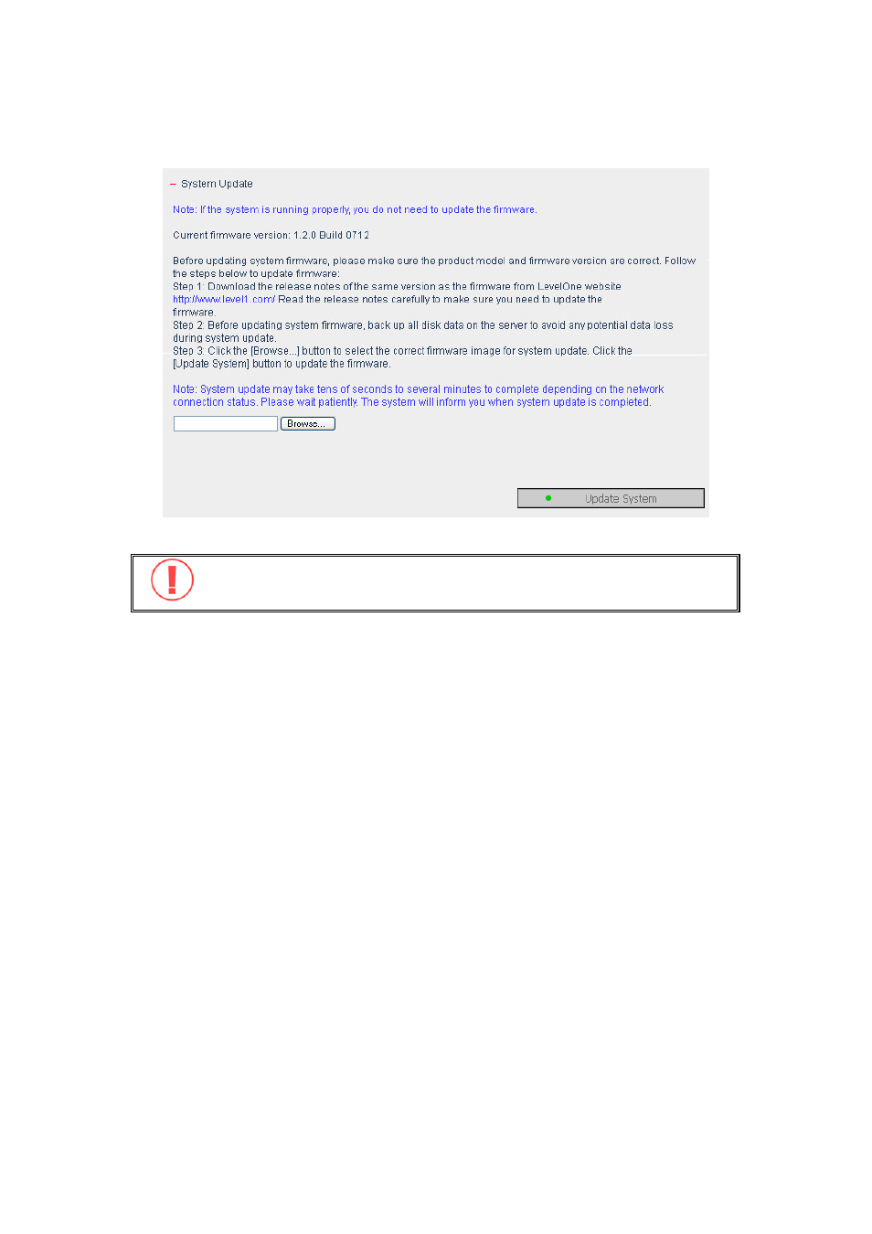 System update | LevelOne 2-Bay SATA HDD w/ Gigabit Ethernet FNS-5000B User Manual | Page 70 / 108