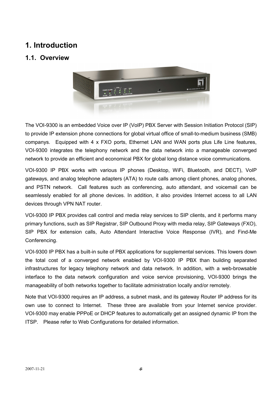 Introduction, Overview | LevelOne SIP IP PBX VOI-9300 User Manual | Page 4 / 61