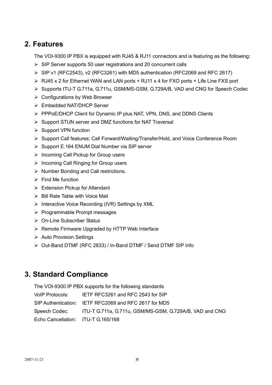 Features, Standard compliance | LevelOne SIP IP PBX VOI-9300 User Manual | Page 5 / 61