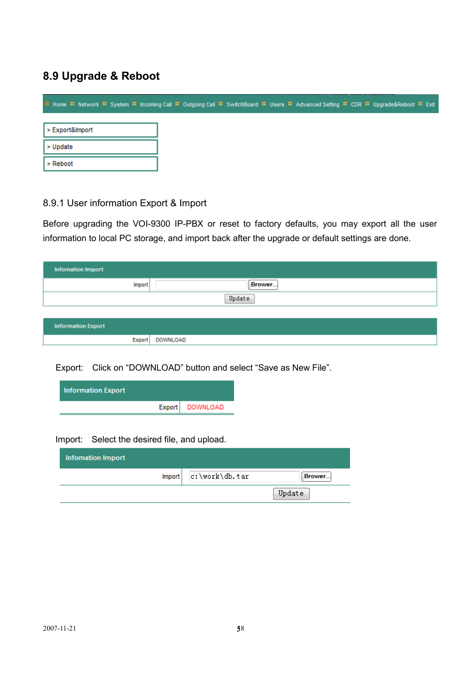 9 upgrade & reboot | LevelOne SIP IP PBX VOI-9300 User Manual | Page 58 / 61