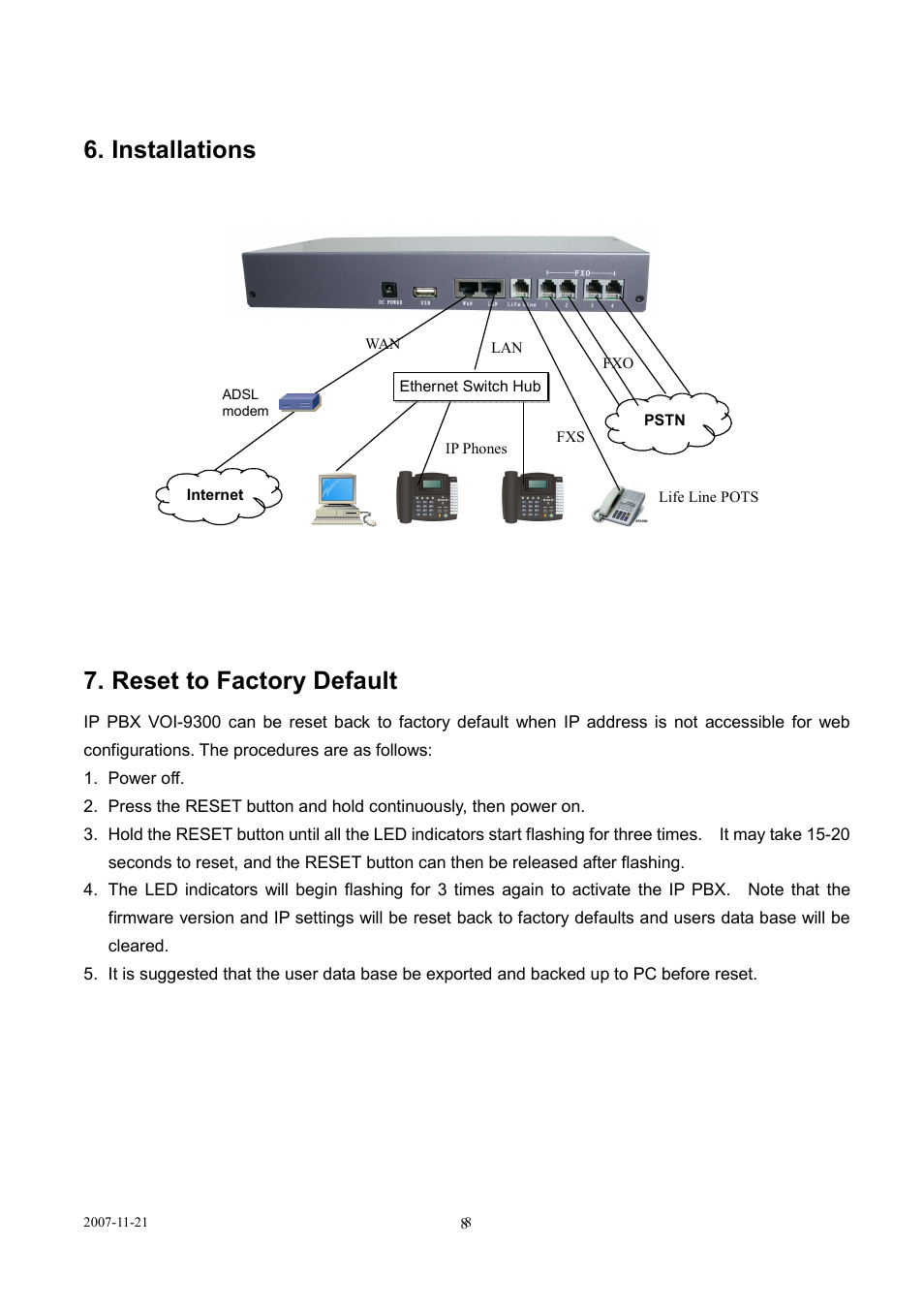 Installations, Reset to factory default | LevelOne SIP IP PBX VOI-9300 User Manual | Page 8 / 61