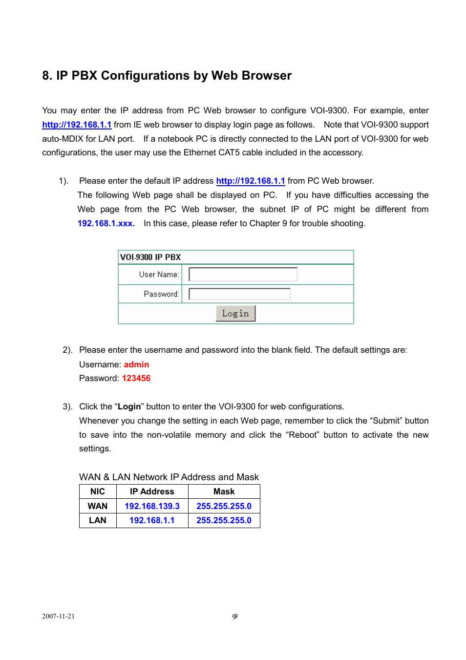 Ip pbx configurations by web browser | LevelOne SIP IP PBX VOI-9300 User Manual | Page 9 / 61