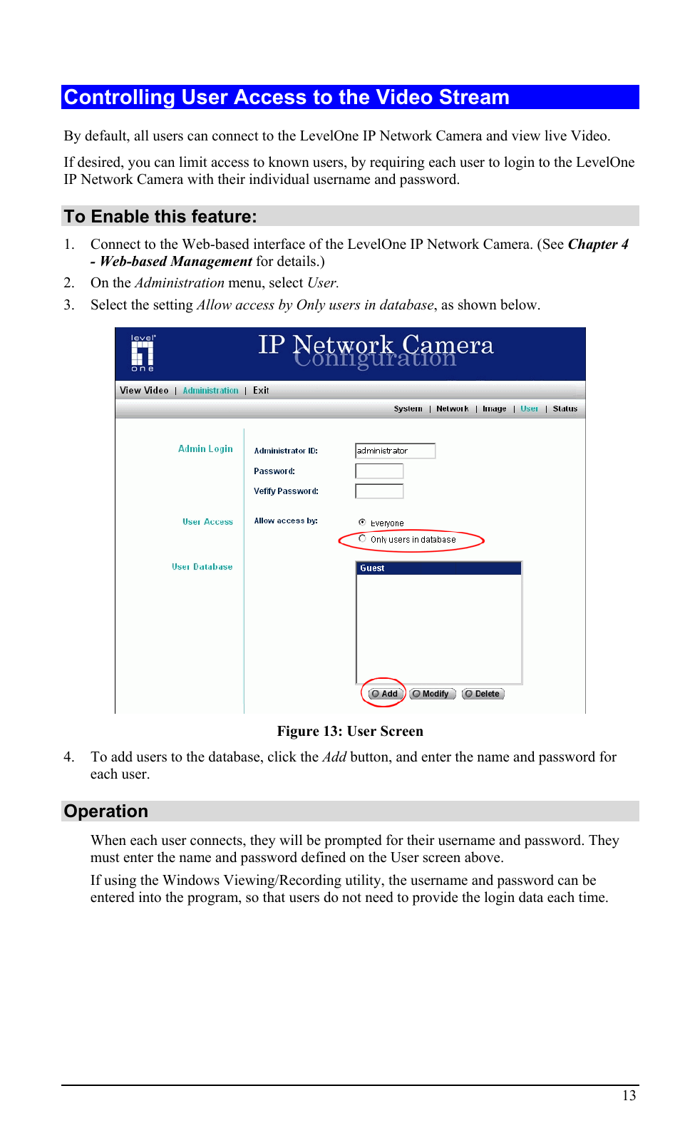 Controlling user access to the video stream, Operation | LevelOne WCS-2000 User Manual | Page 16 / 67