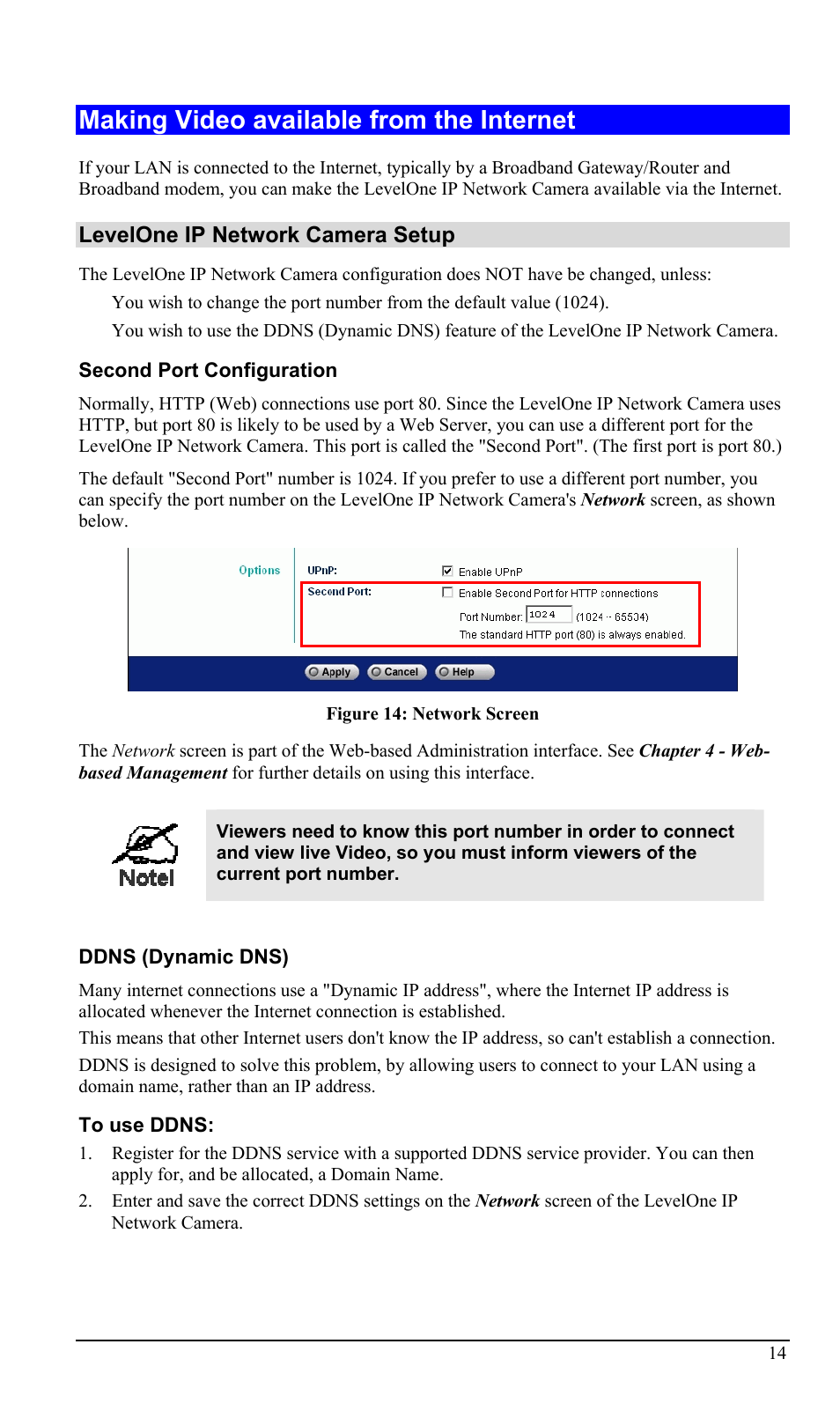 Making video available from the internet, Levelone ip network camera setup | LevelOne WCS-2000 User Manual | Page 17 / 67