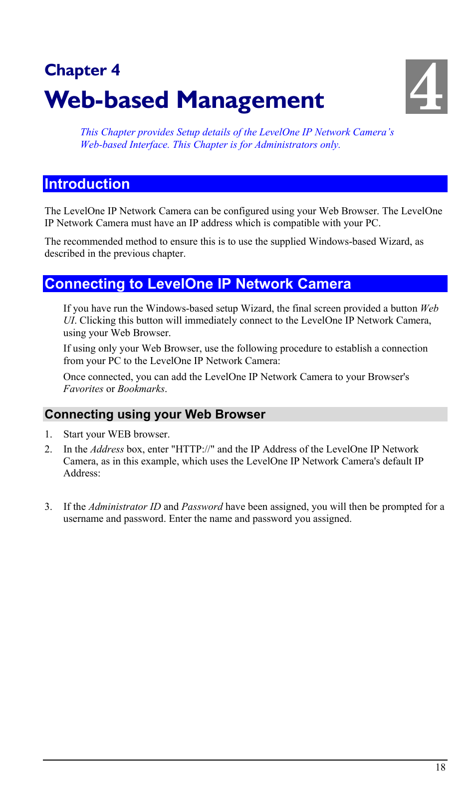 Chapter 4 web-based management, Introduction, Connecting to levelone ip network camera | Web-based management, Chapter 4 | LevelOne WCS-2000 User Manual | Page 21 / 67