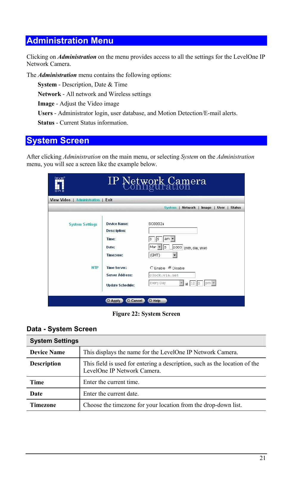 Administration menu, System screen | LevelOne WCS-2000 User Manual | Page 24 / 67