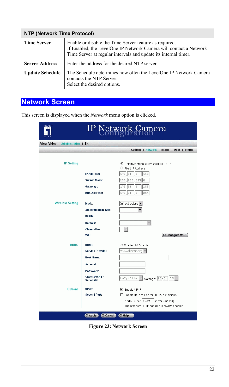 Network screen | LevelOne WCS-2000 User Manual | Page 25 / 67