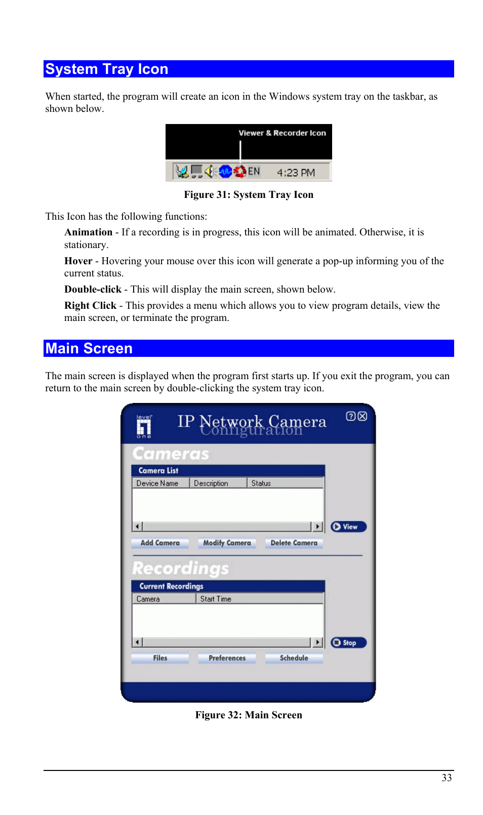 System tray icon, Main screen | LevelOne WCS-2000 User Manual | Page 36 / 67