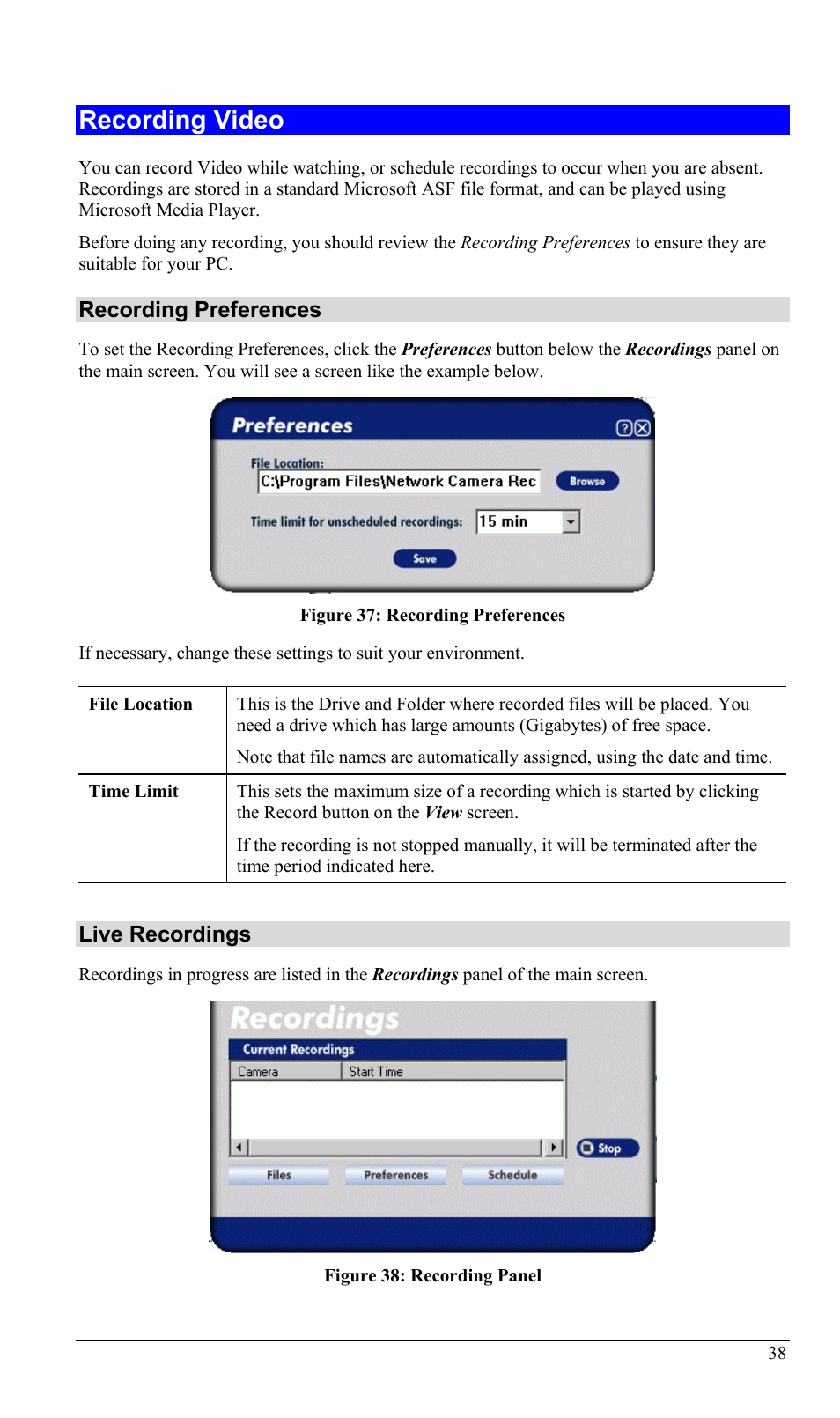 Recording video, Recording preferences, Live recordings | LevelOne WCS-2000 User Manual | Page 41 / 67