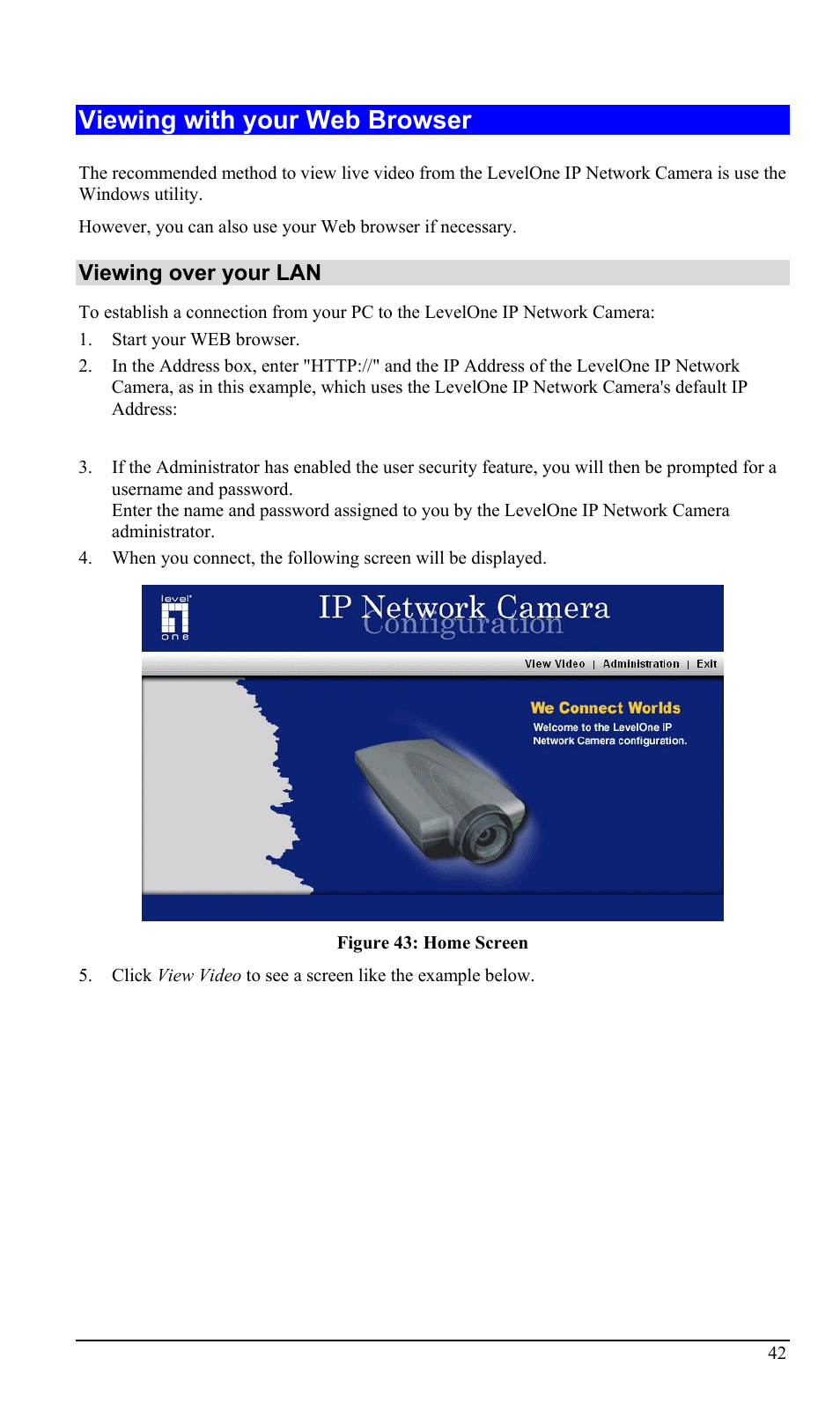 Viewing with your web browser, Viewing over your lan | LevelOne WCS-2000 User Manual | Page 45 / 67