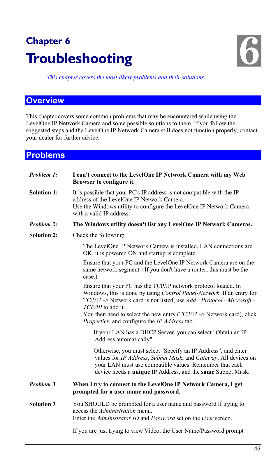 Chapter 6 troubleshooting, Overview, Problems | Troubleshooting, Chapter 6 | LevelOne WCS-2000 User Manual | Page 49 / 67