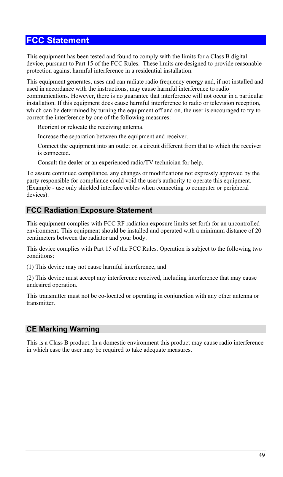 Fcc statement, Fcc radiation exposure statement, Ce marking warning | LevelOne WCS-2000 User Manual | Page 52 / 67