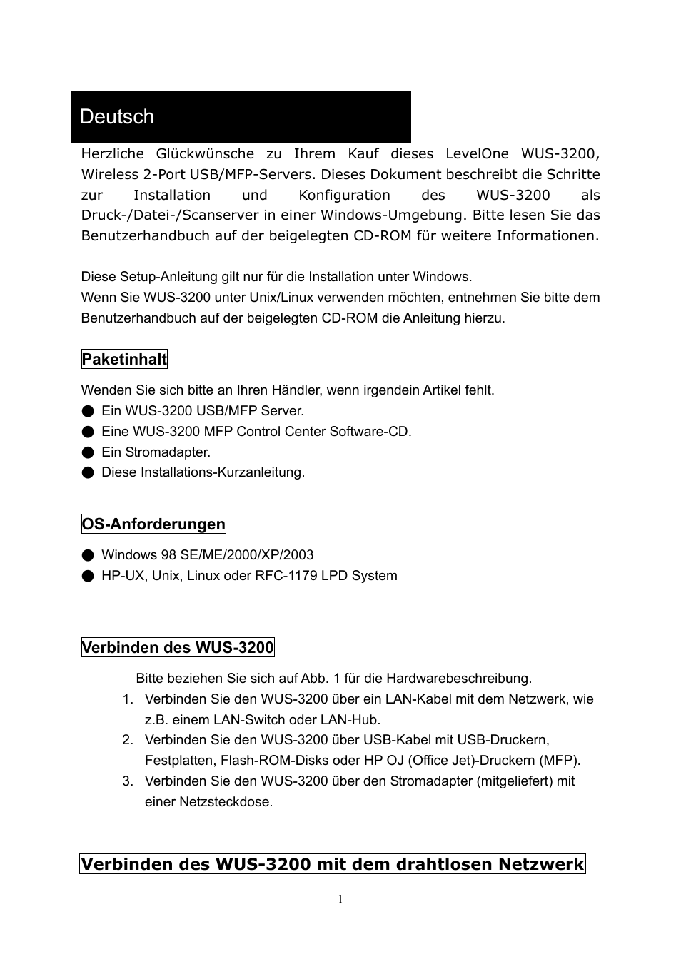 Deutsch | LevelOne 11g Wireless 2-port USB/MFP WUS-3200 User Manual | Page 13 / 54