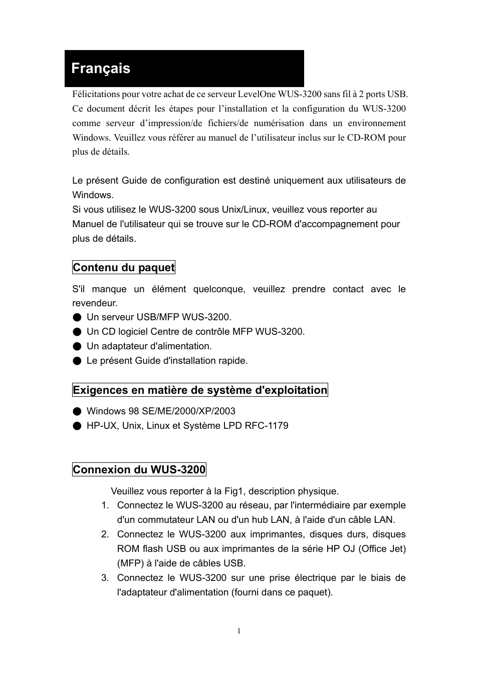 Français | LevelOne 11g Wireless 2-port USB/MFP WUS-3200 User Manual | Page 19 / 54