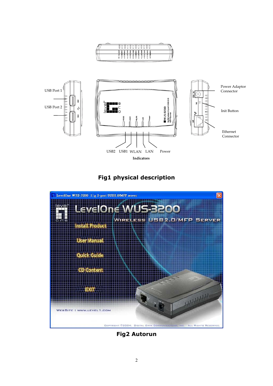 LevelOne 11g Wireless 2-port USB/MFP WUS-3200 User Manual | Page 2 / 54