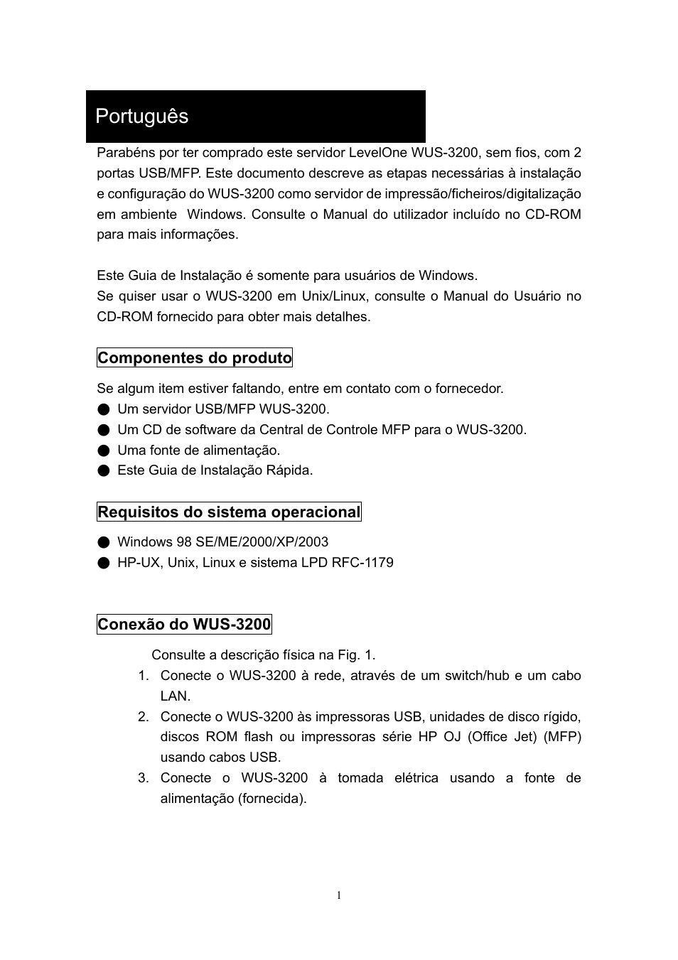Português | LevelOne 11g Wireless 2-port USB/MFP WUS-3200 User Manual | Page 49 / 54