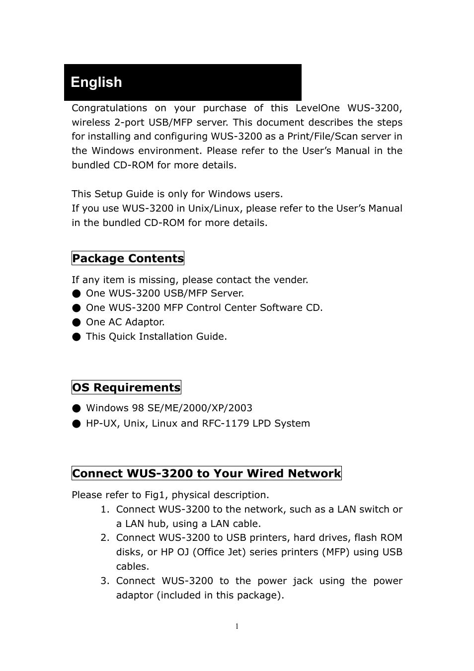 English | LevelOne 11g Wireless 2-port USB/MFP WUS-3200 User Manual | Page 7 / 54