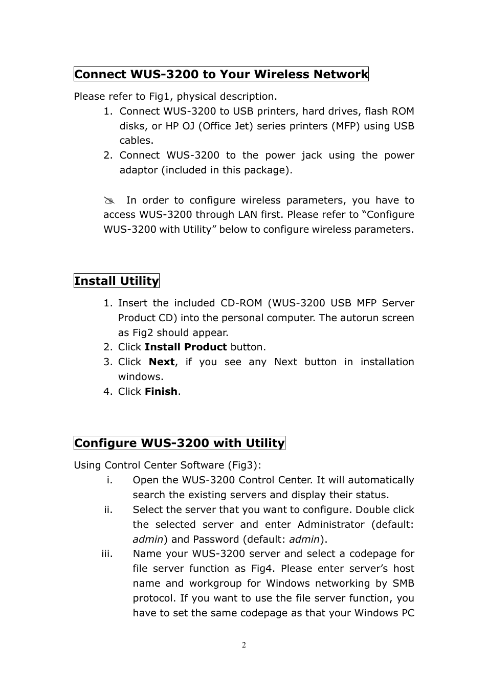 LevelOne 11g Wireless 2-port USB/MFP WUS-3200 User Manual | Page 8 / 54