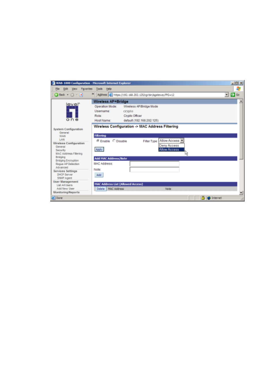 Mac address filtering | LevelOne WAB-1000 User Manual | Page 29 / 59