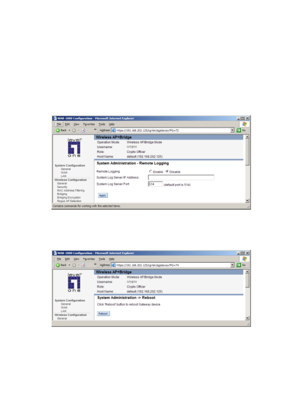 Remote logging, Reboot | LevelOne WAB-1000 User Manual | Page 43 / 59