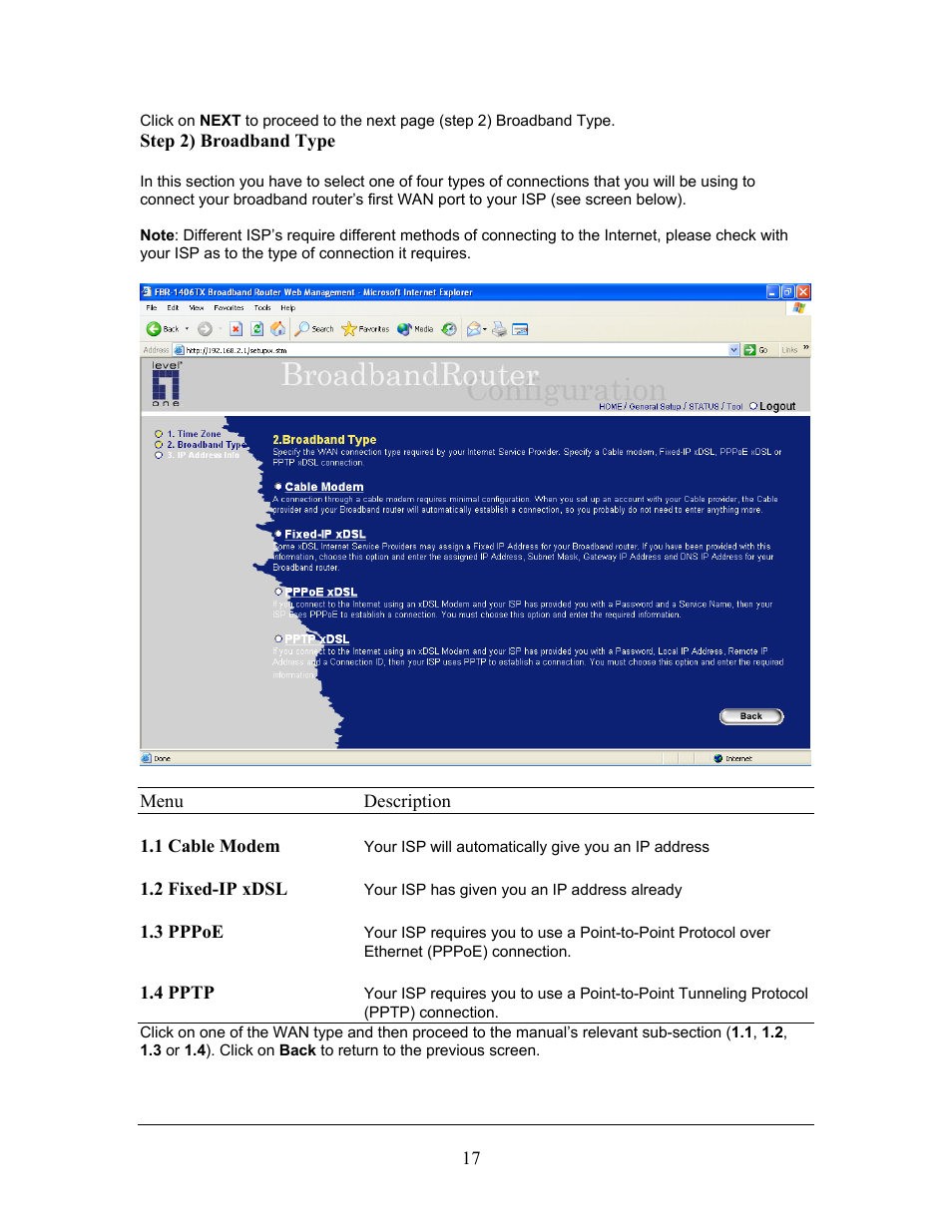 Step 2) broadband type | LevelOne FBR-1406TX User Manual | Page 17 / 80