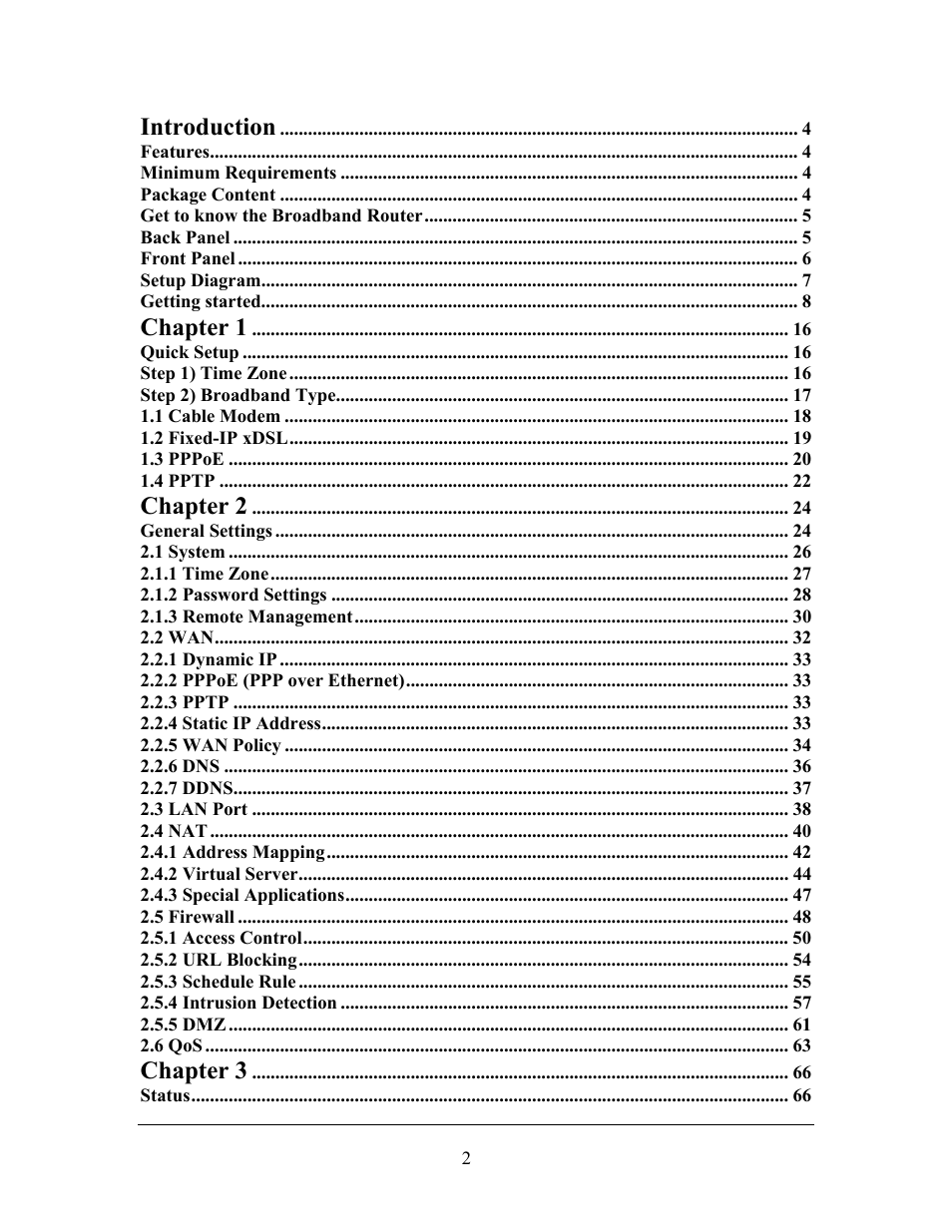 Introduction, Chapter 1, Chapter 2 | Chapter 3 | LevelOne FBR-1406TX User Manual | Page 2 / 80