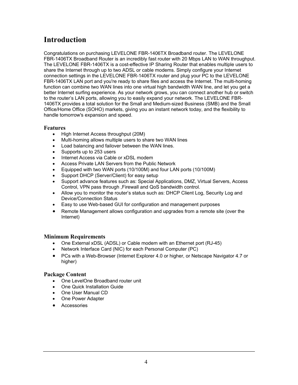 Introduction, Features minimum requirements package content | LevelOne FBR-1406TX User Manual | Page 4 / 80