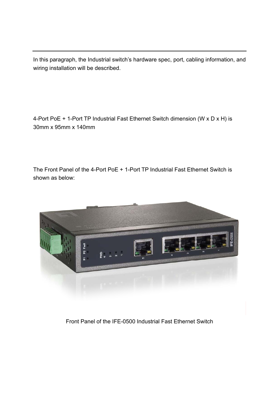 Hardware description, Physical dimension, Front panel | Hysical, Imension, Ront, Anel | LevelOne Industrial PoE IFE-0500 User Manual | Page 6 / 21