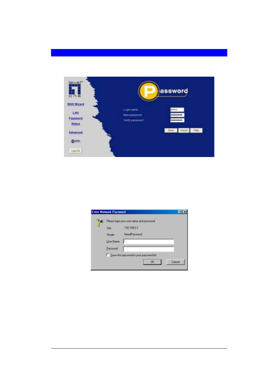 Password screen | LevelOne FBR-1404TX User Manual | Page 19 / 122