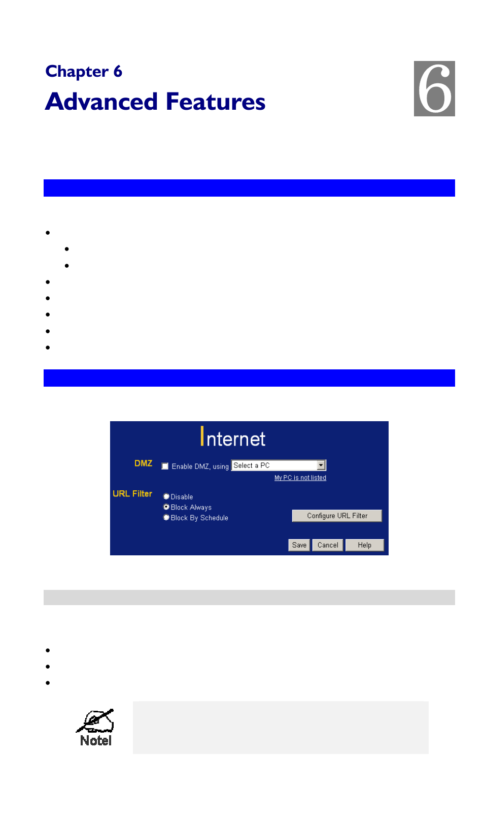 Chapter 6 advanced features, Overview, Internet | Overview internet, Advanced features | LevelOne FBR-1416 User Manual | Page 38 / 75