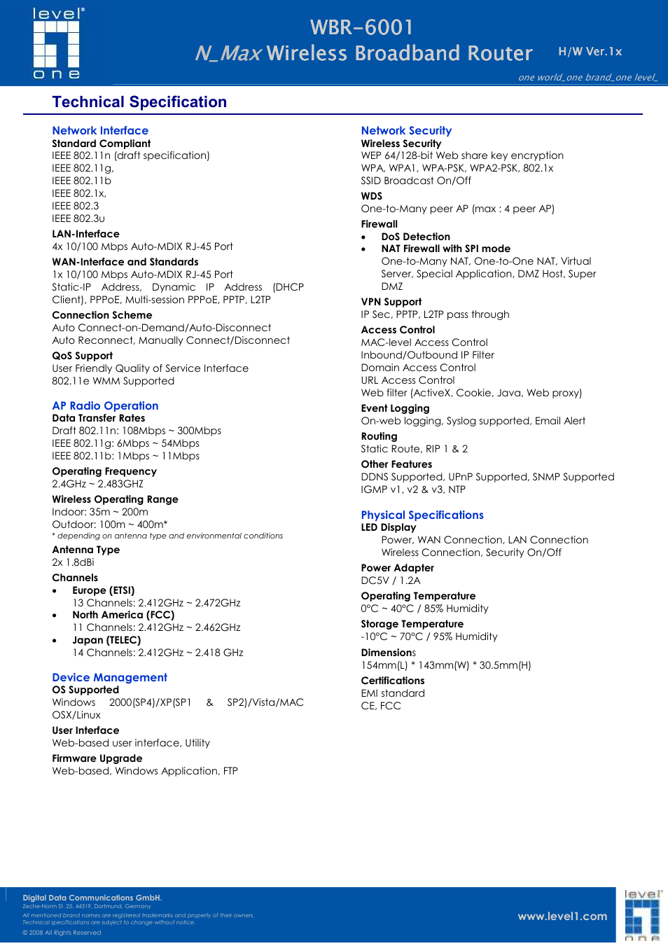 N_max, Technical specification | LevelOne N_Max WBR-6001 User Manual | Page 2 / 3