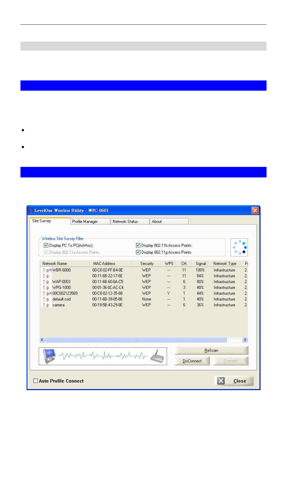 Auto connect, Site survey screen, Connecting to a wireless network | LevelOne WPC-0601 User Manual | Page 13 / 27