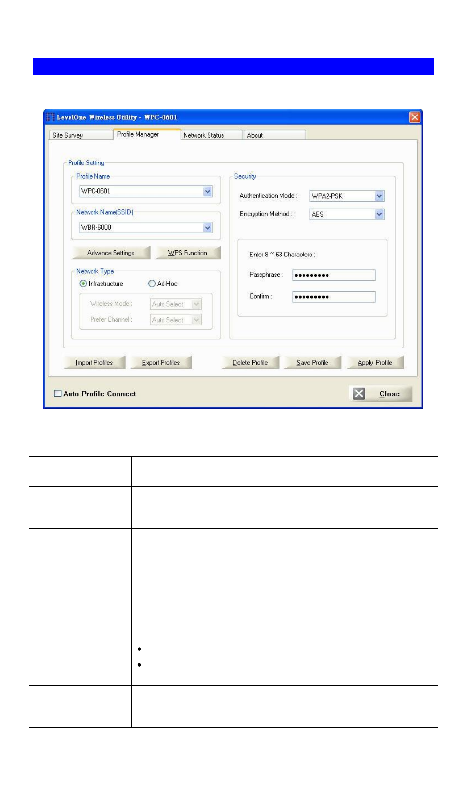 Profile manager screen | LevelOne WPC-0601 User Manual | Page 16 / 27
