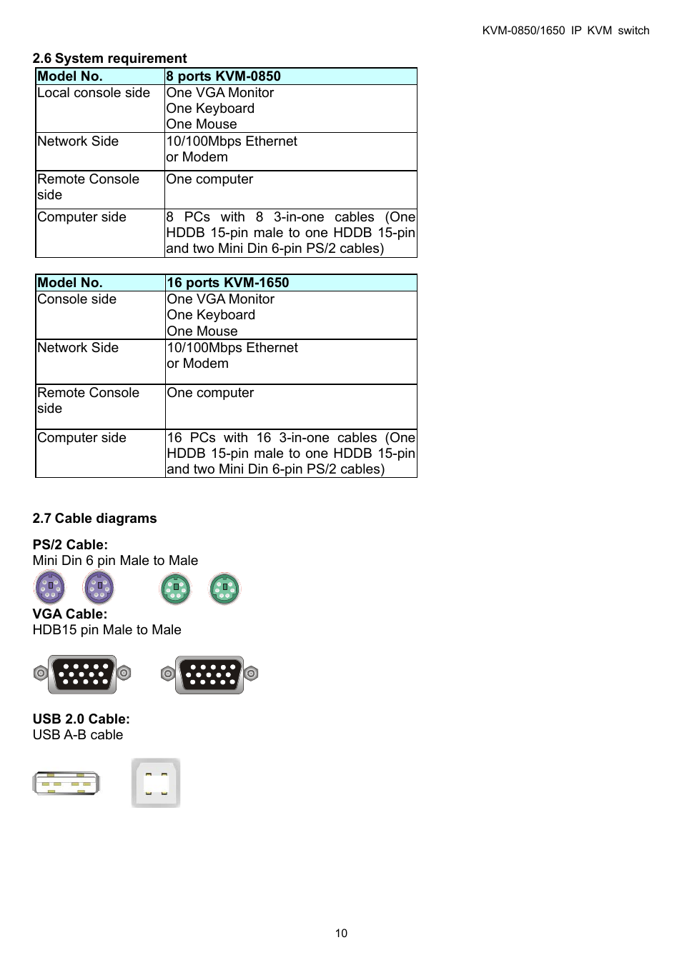 System requirement, Cable diagrams, 6 system | Requirement, 7 cable, Diagrams | LevelOne ViewCon KVM-0850 User Manual | Page 10 / 83