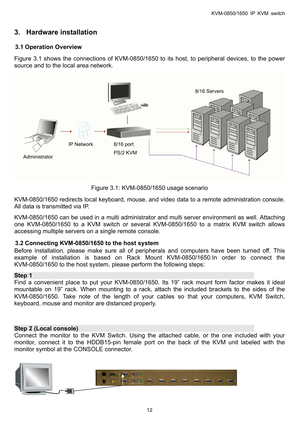 Hardware installation, Operation overview, Connecting kvm-0850/1650 to the host system | 1 operation, Overview | LevelOne ViewCon KVM-0850 User Manual | Page 12 / 83