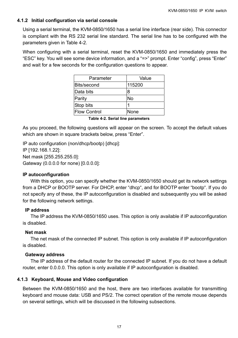 Initial configuration via serial console, Keyboard, mouse and video configuration, 2 initial | Configuration, Via serial console | LevelOne ViewCon KVM-0850 User Manual | Page 17 / 83