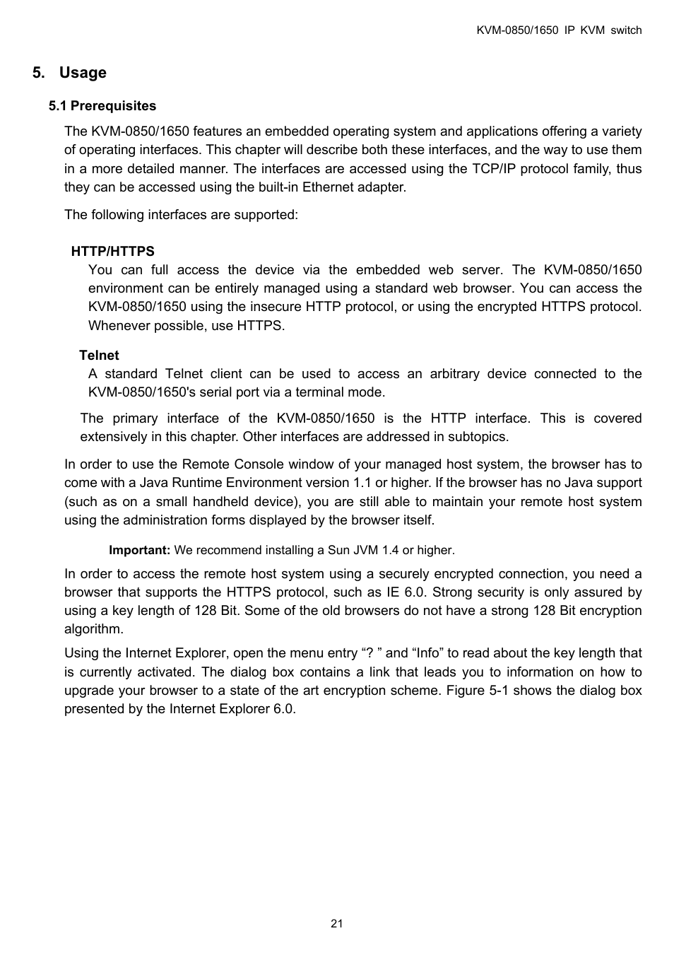 Usage, Prerequisites, Http/https | 1 prerequisites | LevelOne ViewCon KVM-0850 User Manual | Page 21 / 83