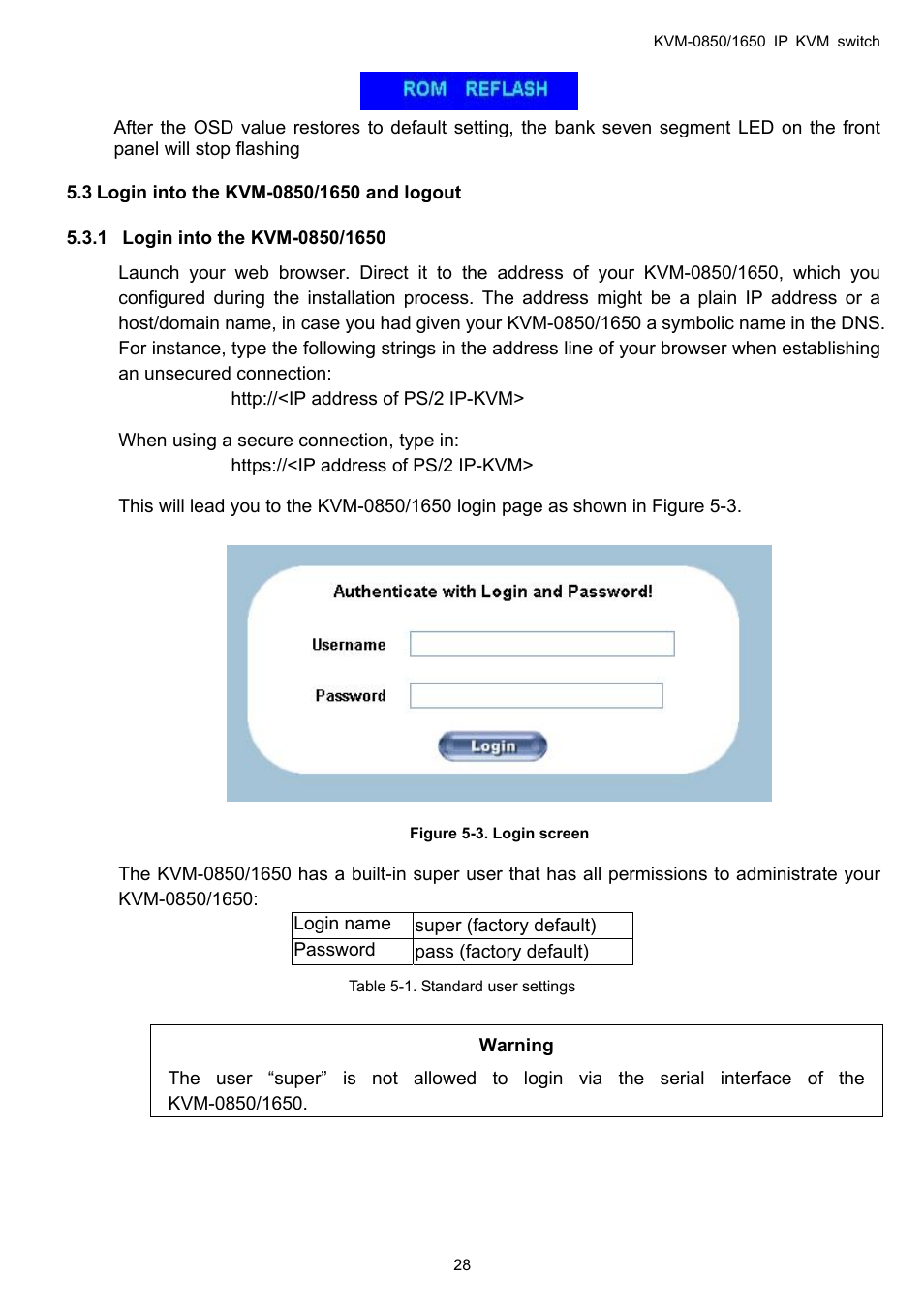 Login into the kvm-0850/1650 and logout, Login into the kvm-0850/1650 | LevelOne ViewCon KVM-0850 User Manual | Page 28 / 83