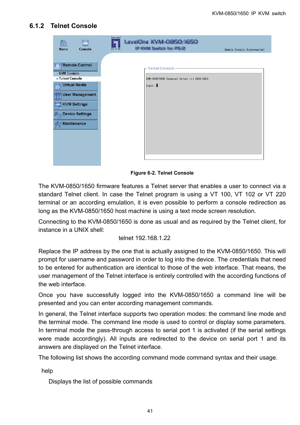 Telnet console | LevelOne ViewCon KVM-0850 User Manual | Page 41 / 83